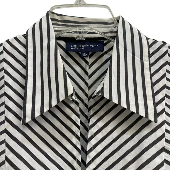Jones New York Signature Women’s Black & White Striped Zip-Up Shirt Long Sleeve - Picture 2 of 13